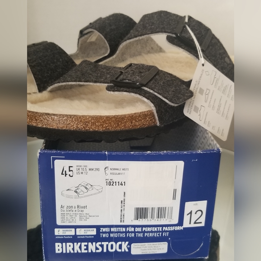 Birkenstock Mens Arizona Rivet Wool Felt Cork Fur Shearling Sandal Gray Sz 12